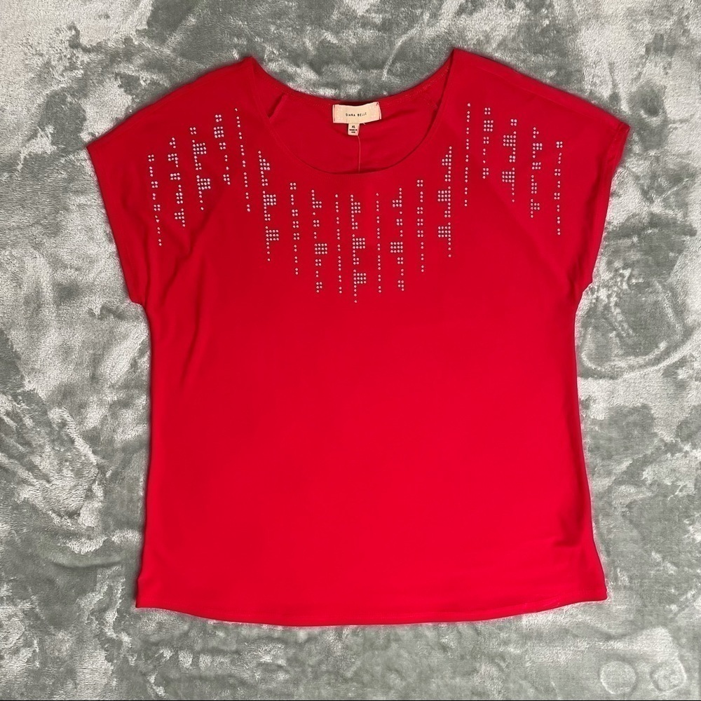 Diana Belle Red Short Sleeve Blouse with Beading Size XL NWT Holiday Valentines